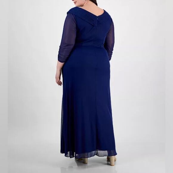 Alex Evenings Plus Size Portrait-Collar Side-Ruched A-Line Dress Blue Sz 18W - Picture 5 of 9